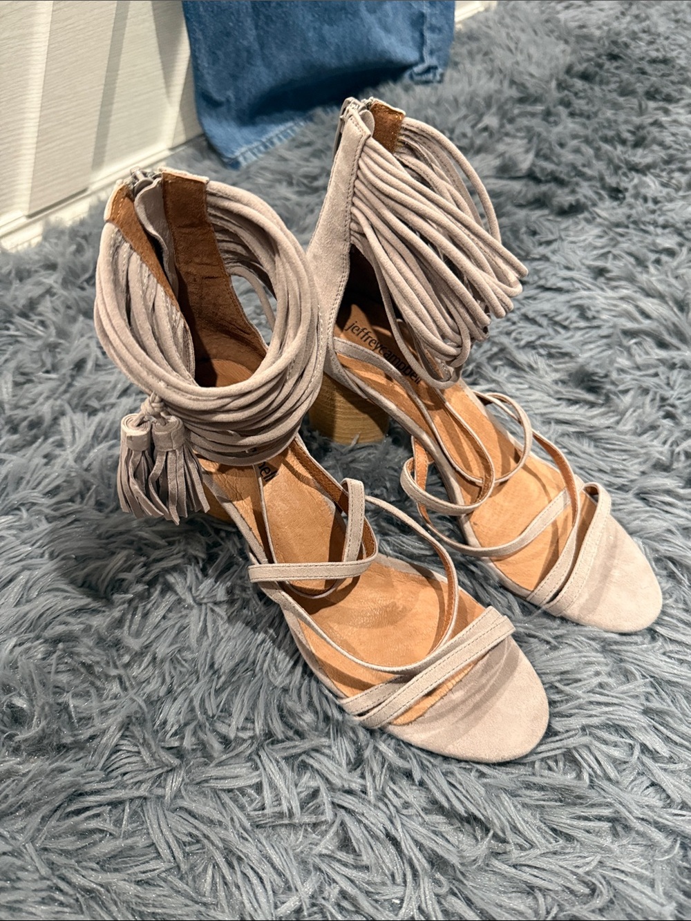 Jeffrey Campbell Taupe Suede Strappy Lace-Up Block Heels
